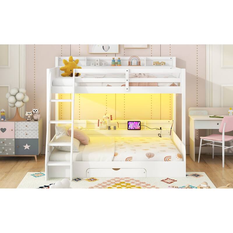 Twin/Full Bunk Bed with Storage - Includes LED Lights, Charging Station & Drawers, Ideal for Kids' Rooms & Guest Spaces