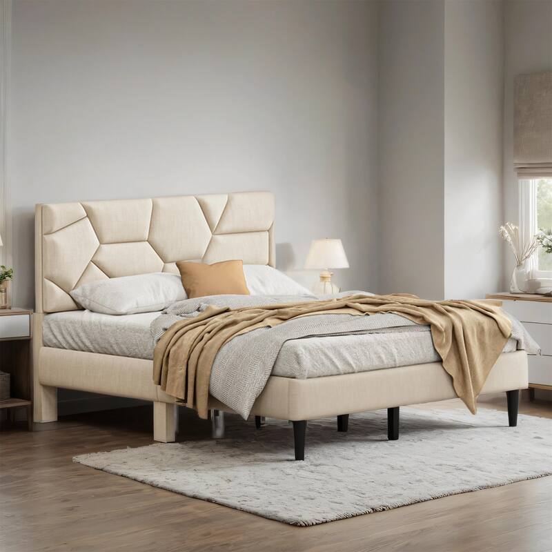 Queen Bed Frame with Linen Headboard - No Box Spring, Easy Assembly