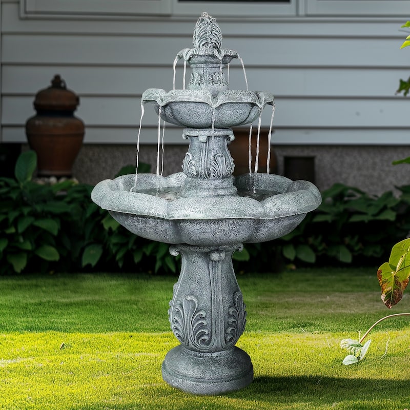 48in High Outdoor Three-Tier Water Fountain with Water Pump for Garden - Stone - Floor - Grey