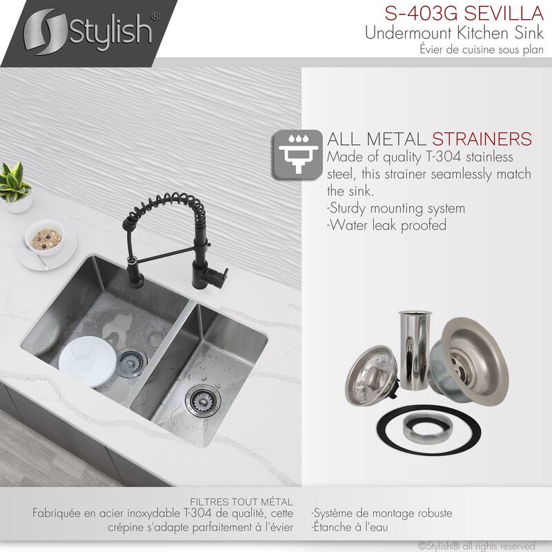 stylish 28 inches L x 18 inches W Double Bowl 60/40 Reversible Undermount Stainless Steel Kitchen Sink with Strainers