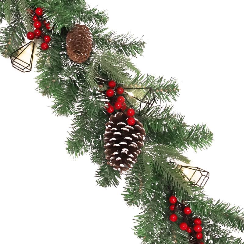 6ft Artificial Mixed Frosted Berry Pine Cone & Pine Christmas Garland with Geometric Pyramid String Light Set