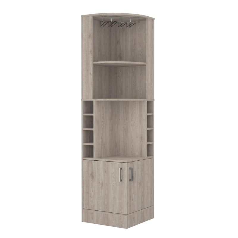 FM Furniture The Seattle Corner Bar Cabinet with 3 Open Shelves, Glass Rack, 8 Bottle Cubbies, and Double Doors
