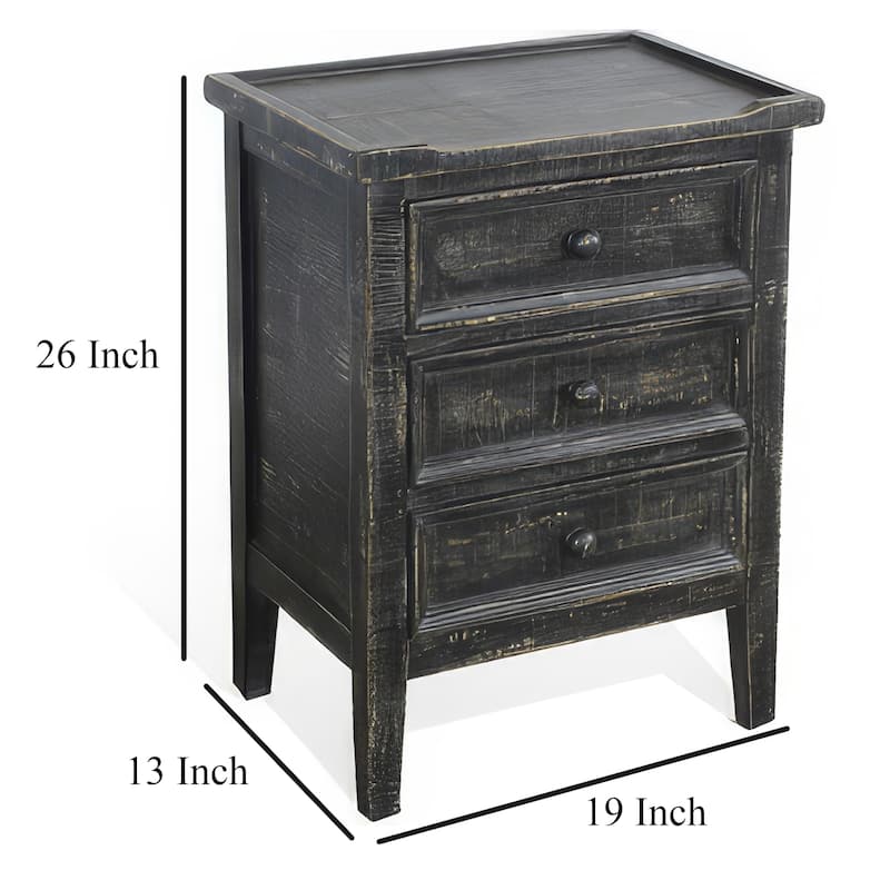 Rena End Table with 3 Drawers, 19 Inch Distressed Black Mahogany Wood