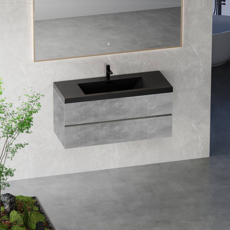 Modern Wall-Mounted Bathroom Vanity in Gray with Black Quartz Sand Top