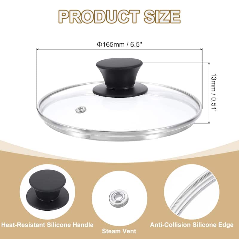 1 Pcs Universal Lid for Pot Cookware, Replacement Glass Pan Lids - Clear, Black - Fit 6.5 Inch