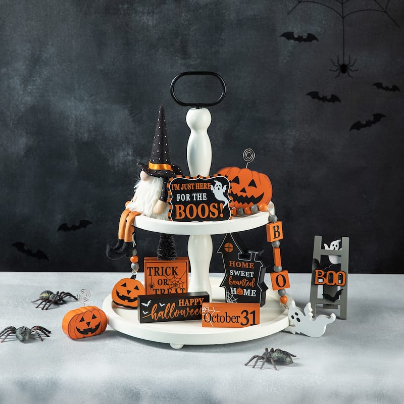 Glitzhome Halloween Christmas Gnome Pumpkin Block Set Word Sign Table Decor with Tiered Tray - Set of 11-Halloween with Tray