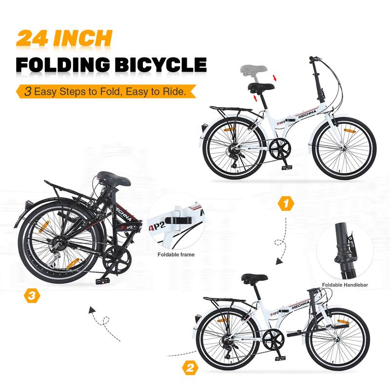 24" Folding City Bike, Shimano 7 Speed Road Cycling Bicycle with Dual V-Brake, Steel Frame for Teens, 16 Years and Up