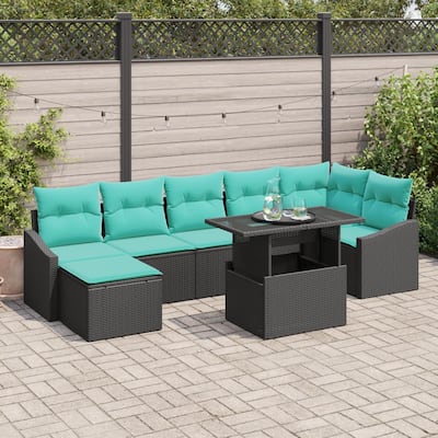 vidaXL 8 Piece Garden Sofa Set with Cushions Black Poly Rattan - 113.6×48.6×27.2