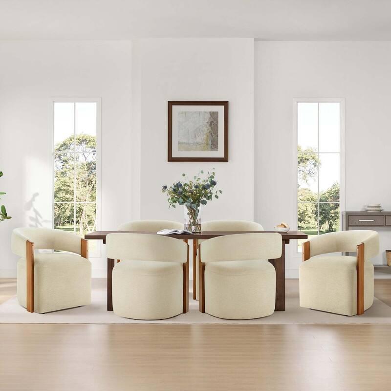 Spruce & Spring Nova Modern Upholstered Dining Chair with Casters & Wood Armrests - Set of 4 - Beige Sand