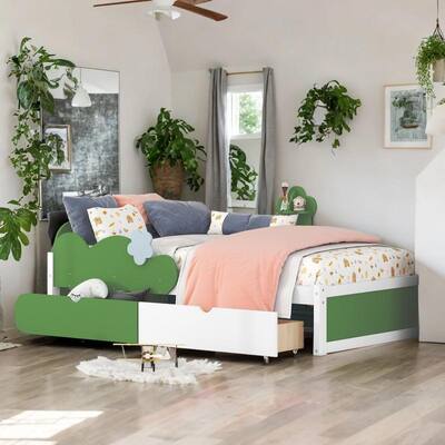 Twin Size Bed Grass Hill and Trees Decor With 2 Drawers For Kids Boys Girls Home Art