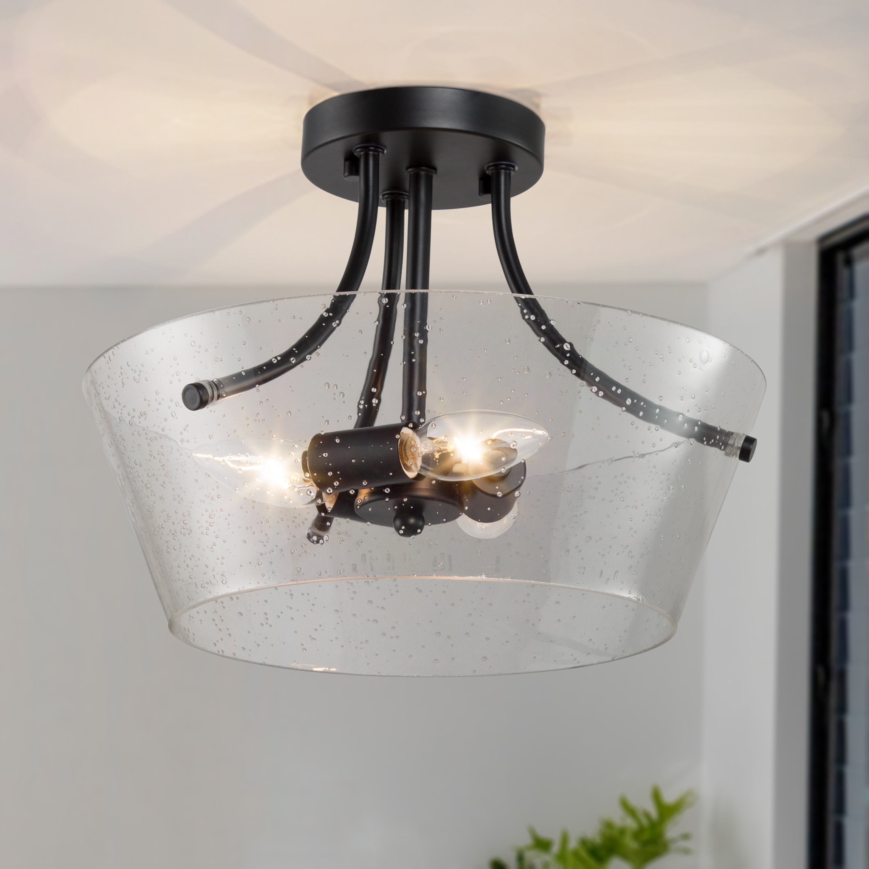 Modern 3-Light Drum Glass Semi-Flush Mount Ceiling Light - Black - D13"xH10"