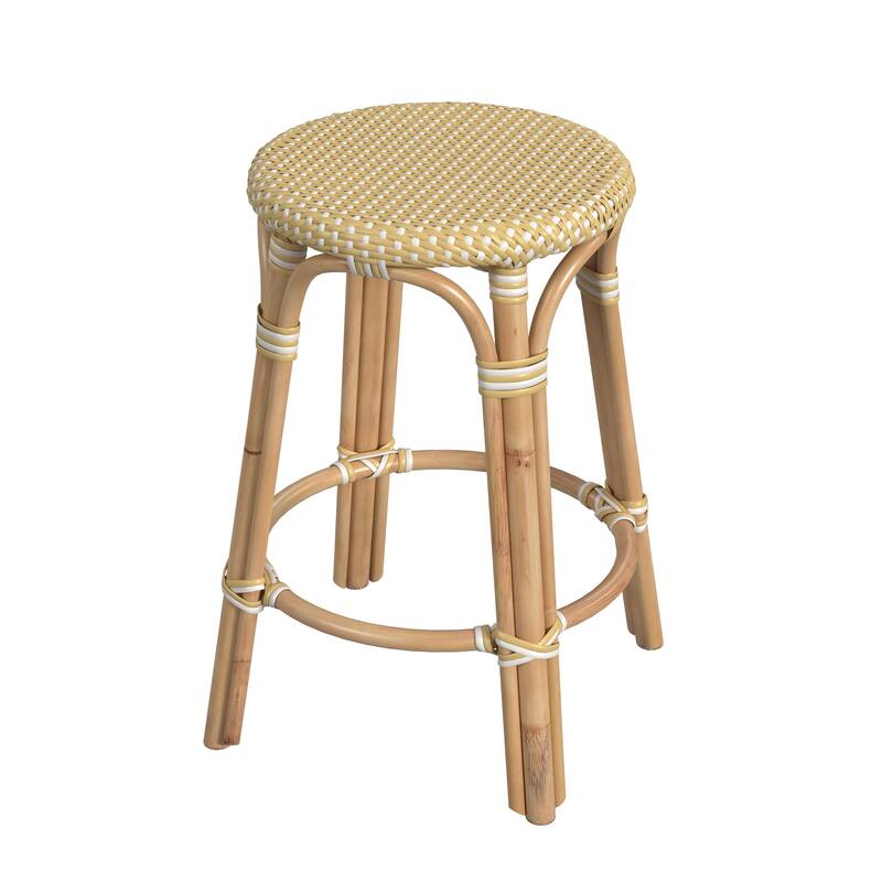 Tobias 24" Rattan Round Counter Stool - Yellow/White Dot/ Natural Rattan Frame