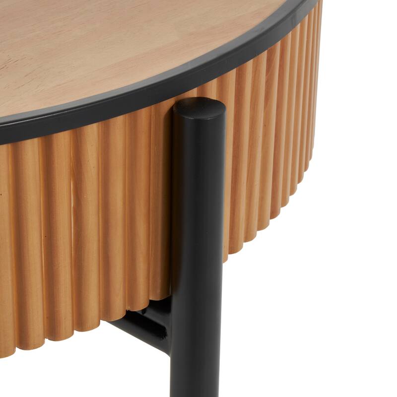 Brown Wood Handmade Slatted Drum Side End Accent Table with Black Metal Legs