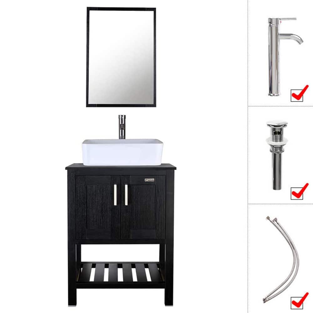 24" Bathroom Vanity Black Set Tempered Glass Ceramics Vessel Sink Cabinet Mirror Faucet Drain Free-standing Combo