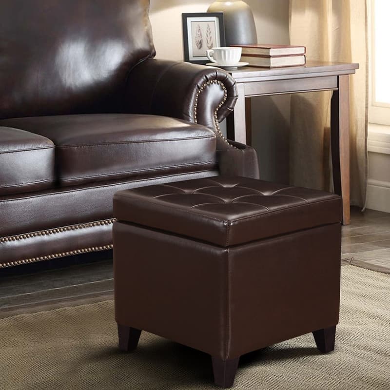 Adeco Bonded Leather Storage Ottoman Square Tufted Cube Footstool