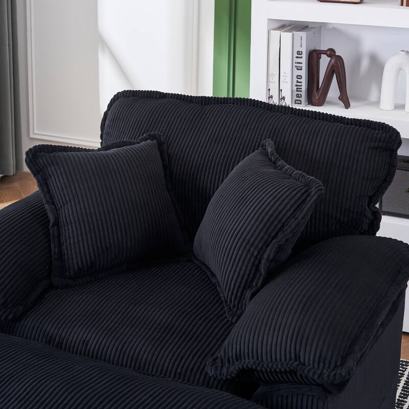 56.3 Inch Black Foam Corduroy Single Sofa with 2 Toss Pillows and Ottoman