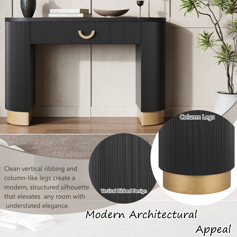 Modern Oval Console Table with Vertical Ribbed Design, Drawer Storage & Solid Base, Entryway Table for Living Room