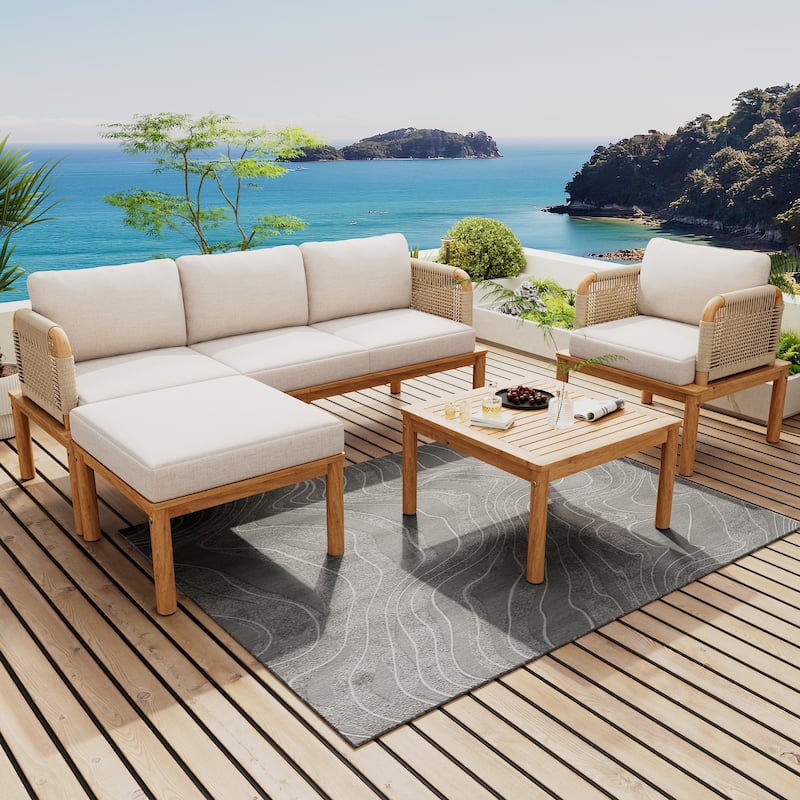 Roomfitters Outdoor 4-Piece Acacia Wood and Rope Patio Sofa Set with Coffee Table, Beige Cushions - Teak+ Beige