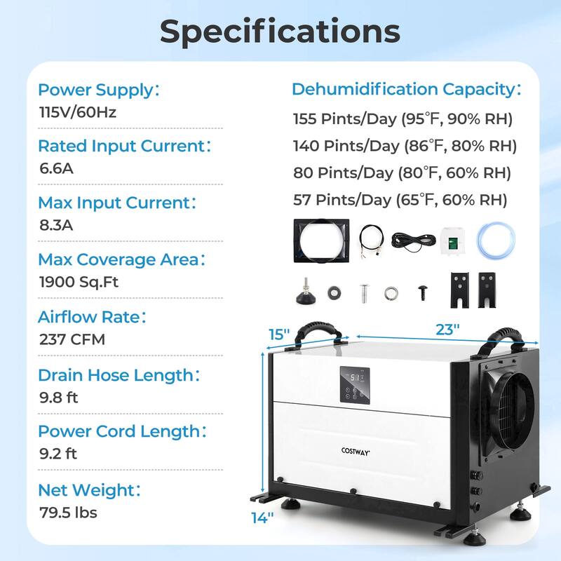 Costway 155 Pint Crawl Space Dehumidifier Commercial Dehumidifier with - See Details