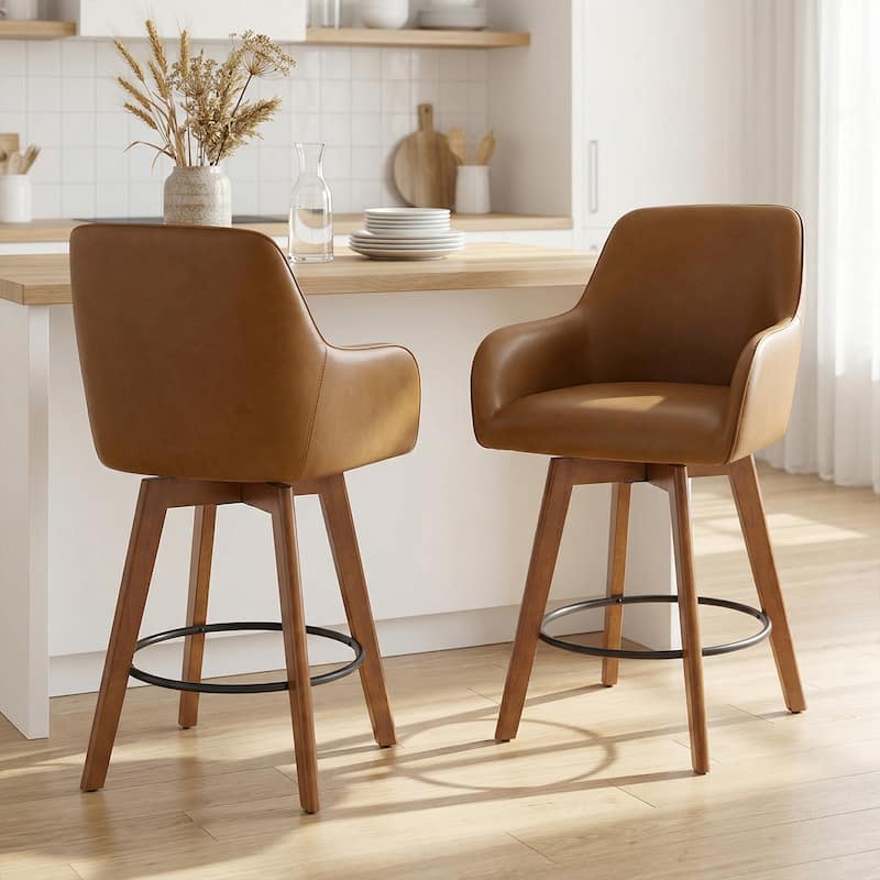 25 Inch Upholstered Swivel Counter Height Bar Stool with Armrests, Solid Wood Legs - 23.6"W x 22.4"D x 40.2"H