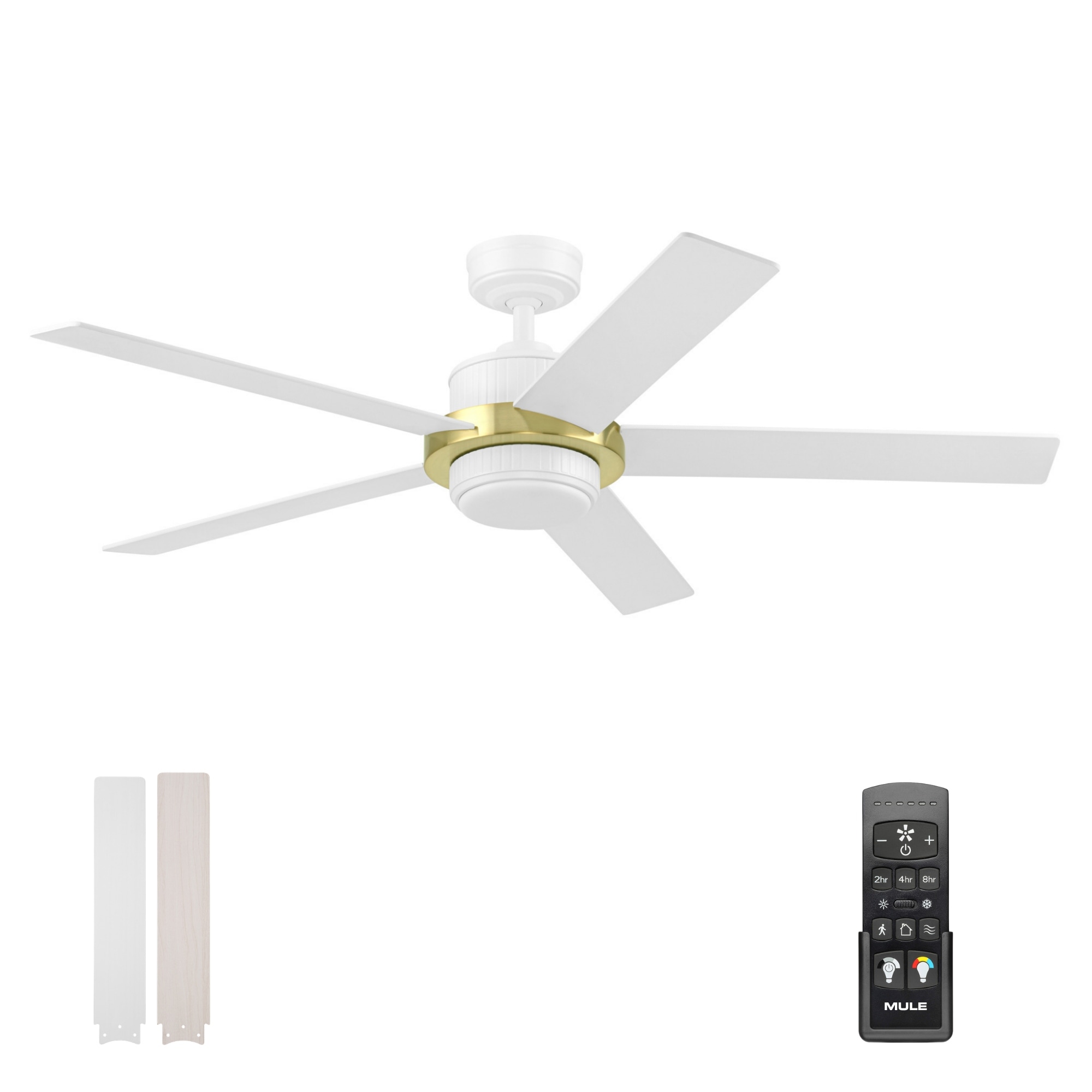 Mule Bravar 52-Inch White and Island Gold Indoor Ceiling Fan with White Oak Blades and LED Light