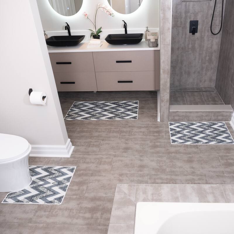 Geometric Design 3 Piece Bathroom Rugs Set - Non-Slip Ultra Thin Bath Rugs for Bathroom Floor - Washable Bathroom Mats Set