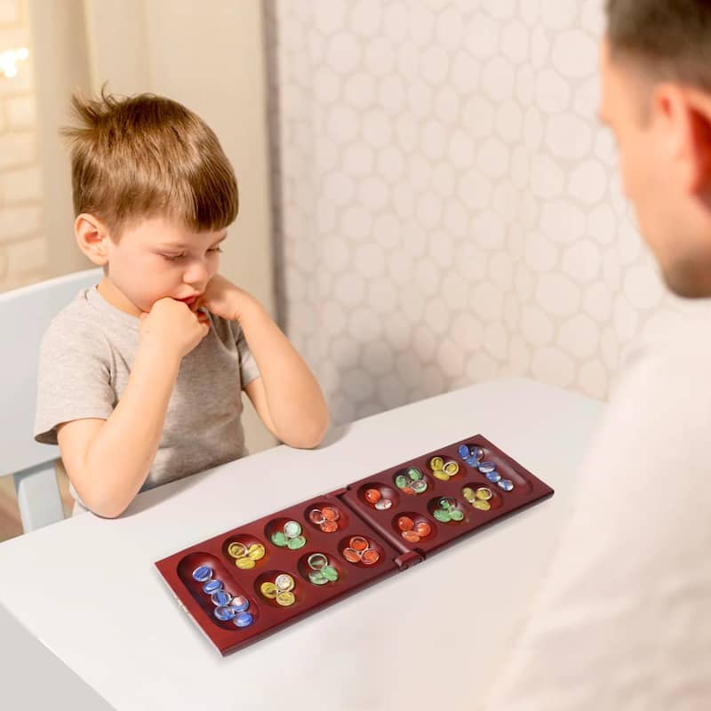 GSE™ Mahogany Folding Wooden Mancala Board Game with Multi-Color Glass Stones and Storage Bag