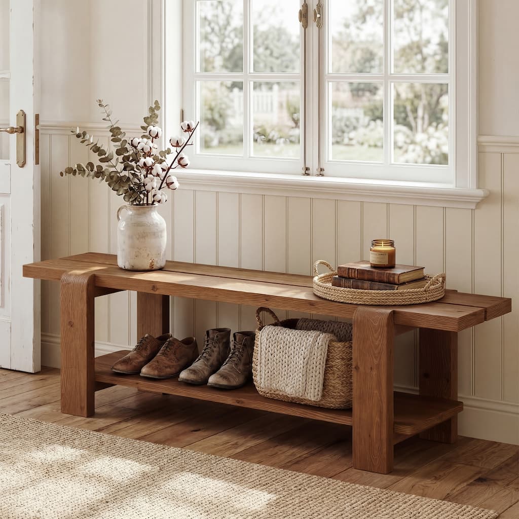 Solid Wood Entryway Bench, 63" Farmhouse Shoe Bench Entryway With Storage - 14.96" D x 62.99" W x 17.72" H