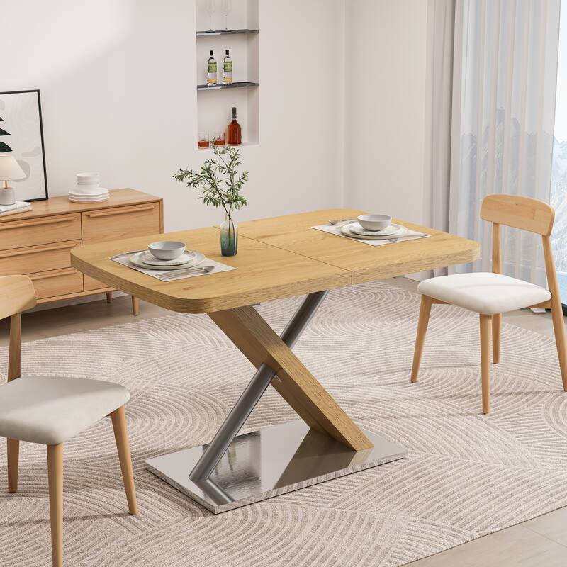 Dining Table, Original , Seating 4-6 People, Retractable Table, Cross Metal Base And Stainless Steel Tubing