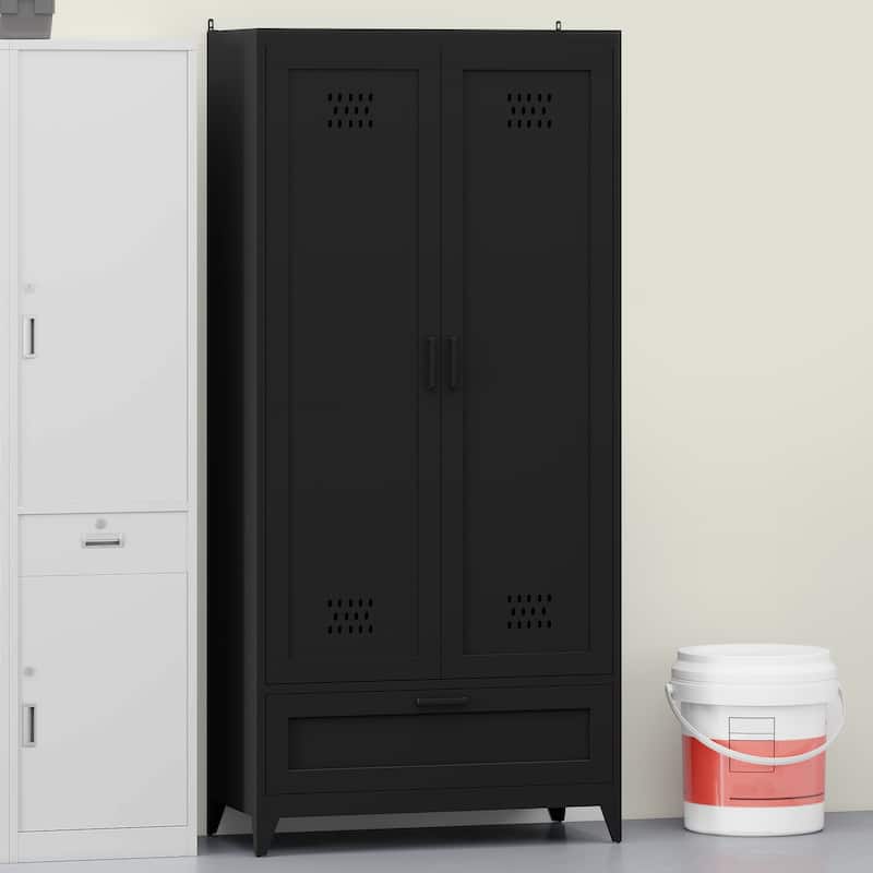 Metal Garage Storage Tool Cabinet with Doors and Adjustable Shelves - Black