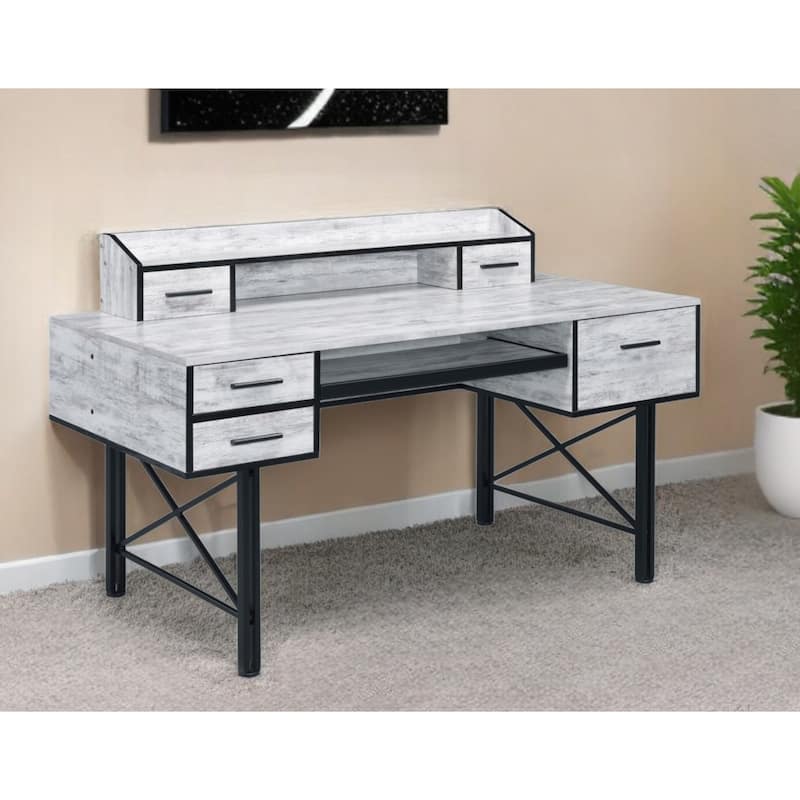 59" Antiqued White and Black Computer Desk With Five Drawers - Ivory