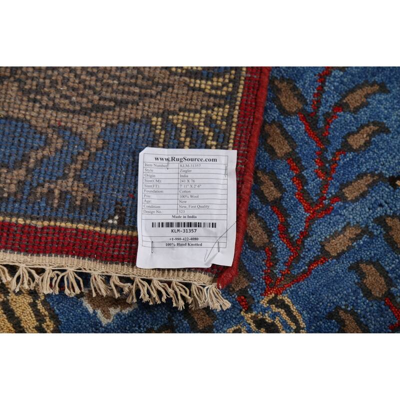 Animals Design Blue Ziegler Indian Runner Rug Hand-Knotted Wool Carpet - 2'6"x 7'11"