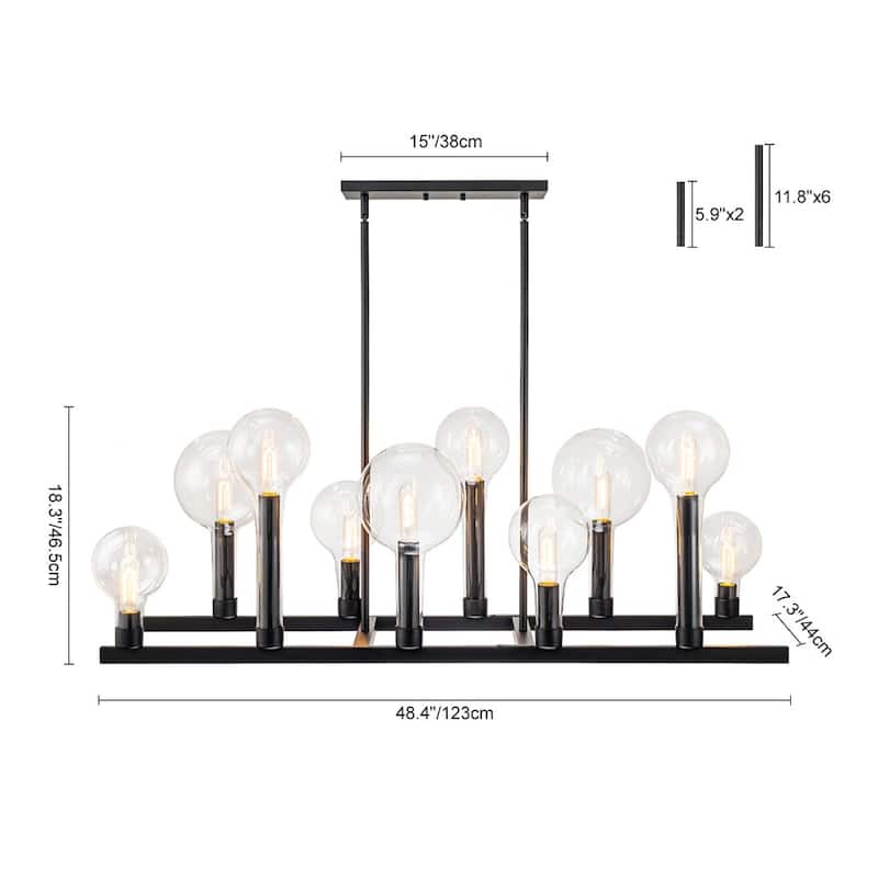 Industrial Black 10-Light Clear Glass Bubble Island Chandelier 48in