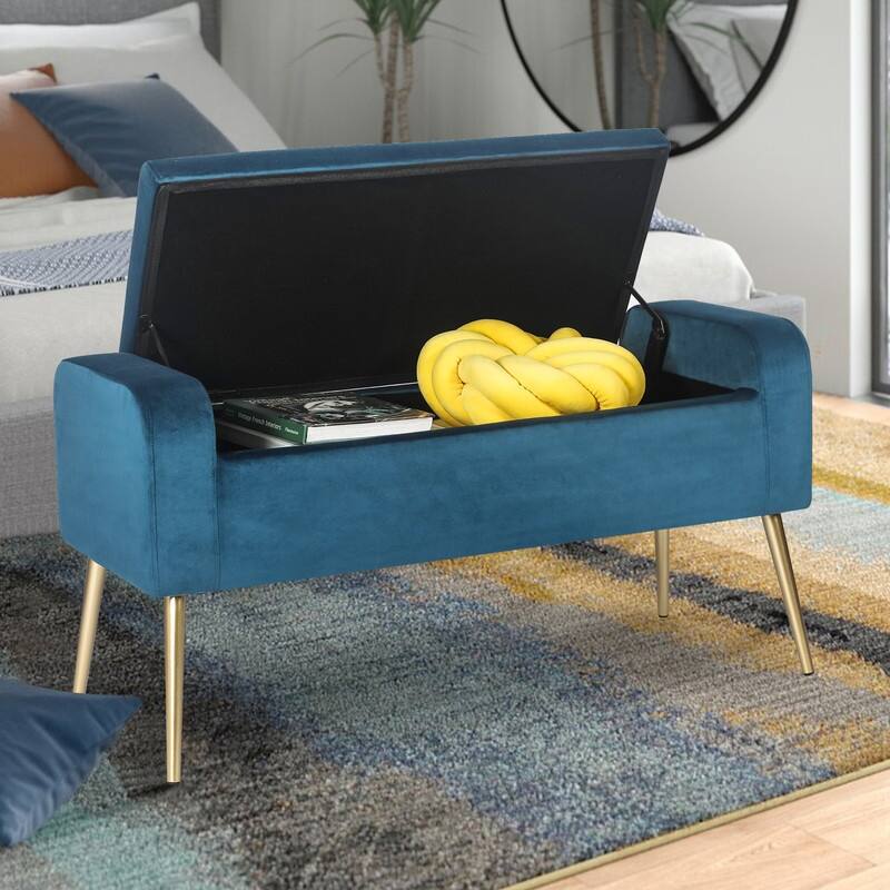 Adeco Upholstered Storage Ottoman Entryway Bench with Metal Legs