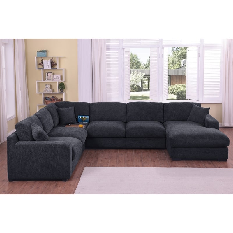 Celine 128"W Chenille Fabric Corner Sectional Sofa with Right-Facing Chaise, Cupholders, and Charging Ports