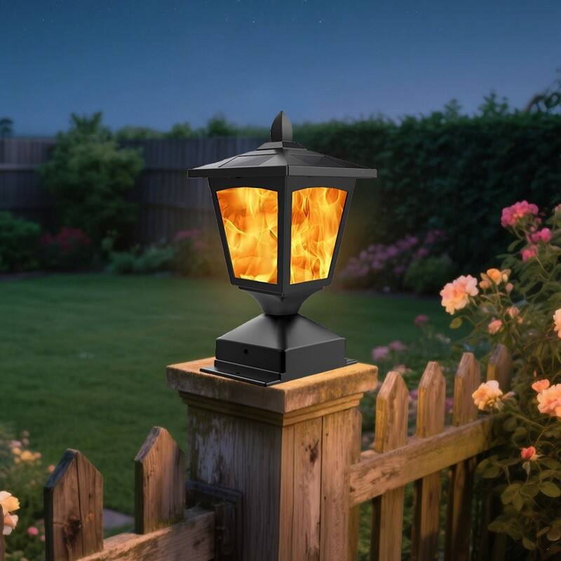 Solar Post Cap Lights for 4x4 Fence Flickering Flame LED Waterproof - Black