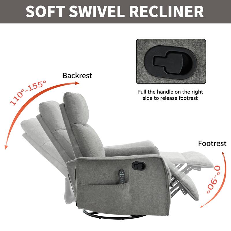Roomfitters Swivel Rocker Recliner Chair, Manual Fabric Massage Armchair with Heat and 360-Degree Motion, Living Room