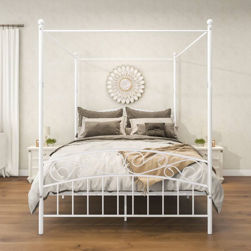 Metal Canopy Bed Frame with Ornate European Style Headboard & Footboard