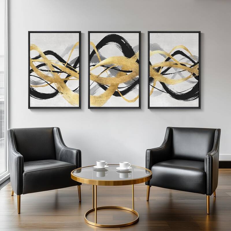 Framed Black White Gold Abstract Canvas Wall Art