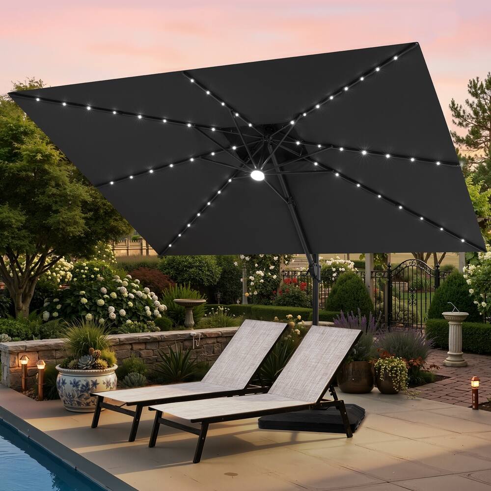 12 x 9 FT Outdoor Patio Cantilever Umbrella with Solar Lights Double Canopy 360 Rotation Tilt with Base
