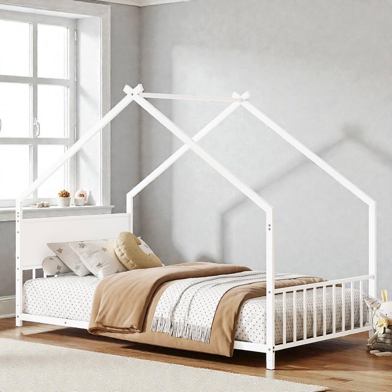 Twin Size Metal House Bed with Roof and LED Lights, Kids Bed Frame with Slats, No Box Spring Needed - White - Twin