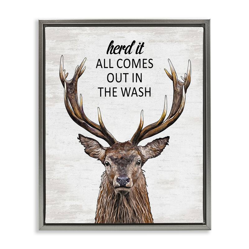 Stupell Laundry Deer Pun Framed Floater Canvas Wall Art Design By Lettered and Lined - 17 x 21 - Grey