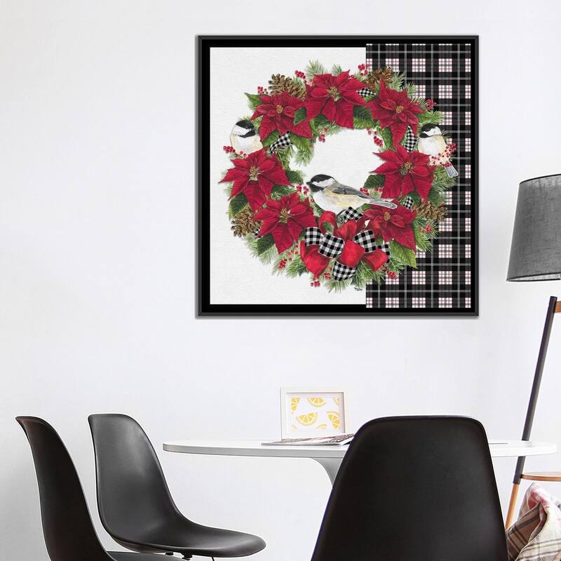 iCanvas "Chickadee Christmas Red V - Wreath" by Tara Reed Framed