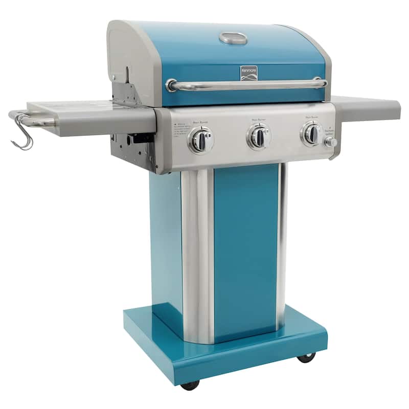 Kenmore 3-Burner Propane Gas Grill with Foldable Side Shelves - Blue