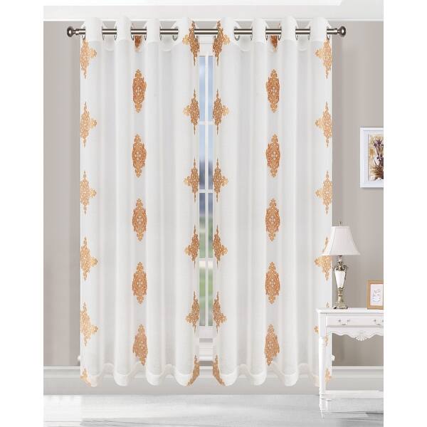 slide 1 of 15, Miranda Haus Damask Grommet Sheer Window Curtain Panels (Set of 2) 52x108 - Gold