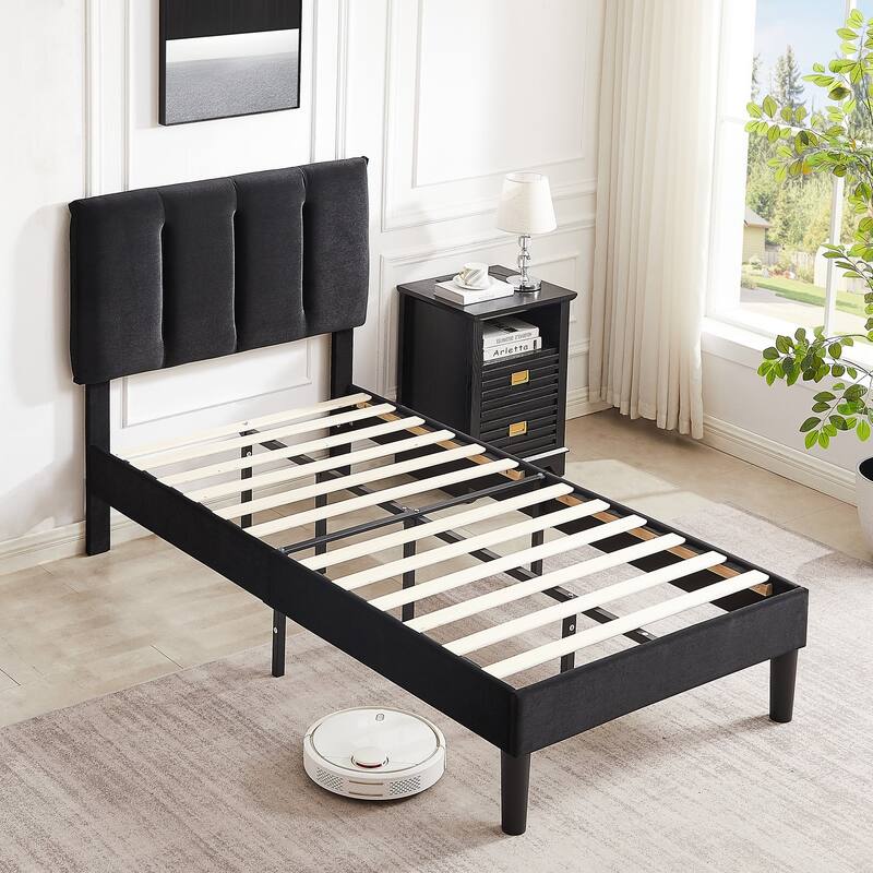 Upholstered Velvet Upholstered Bed Frame with Adjustable Height Headboard No Box Spring Needed Platform Bed Under Bed Storage