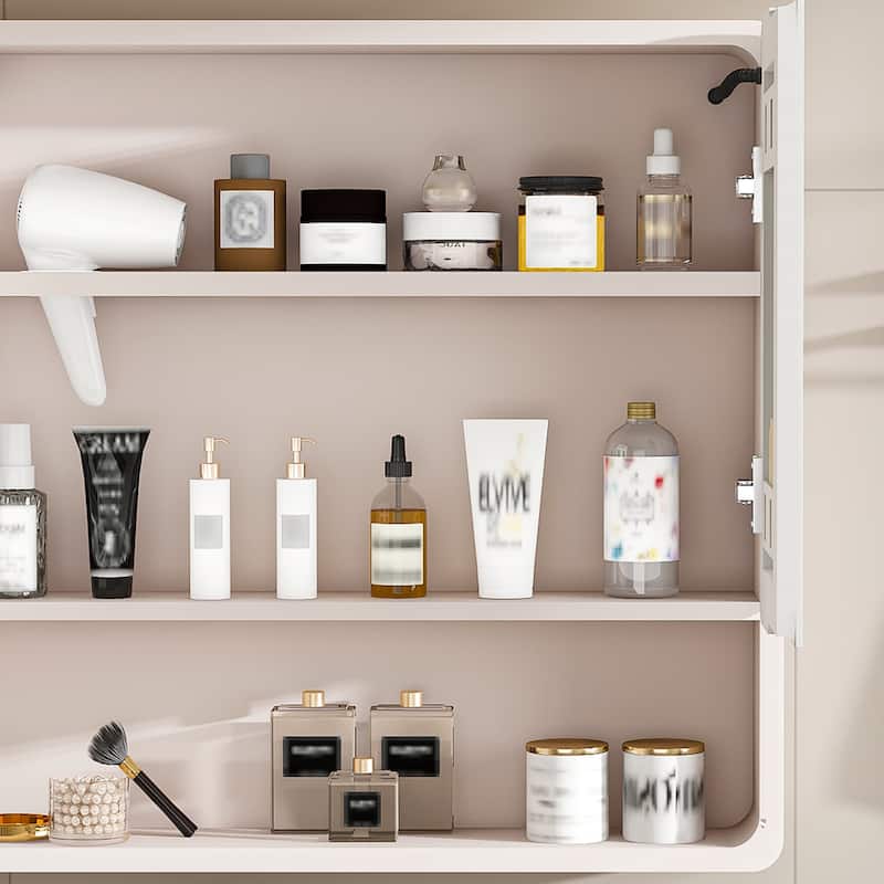 White Aluminum Bathroom Cabinet with LED Mirror and Defogging Glass and Large Storage Shelves - 35" x 28"