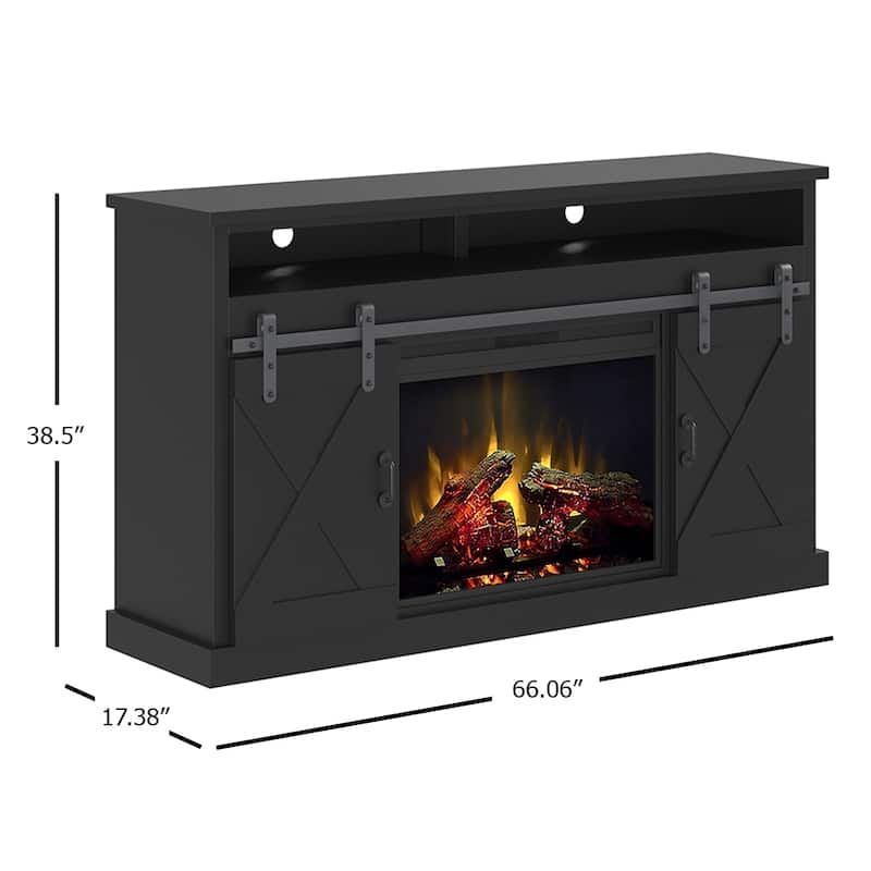 Bridgevine Home 66 inch Electric Fireplace TV Stand for TVs up to 80 inches, Midnight Black Finish