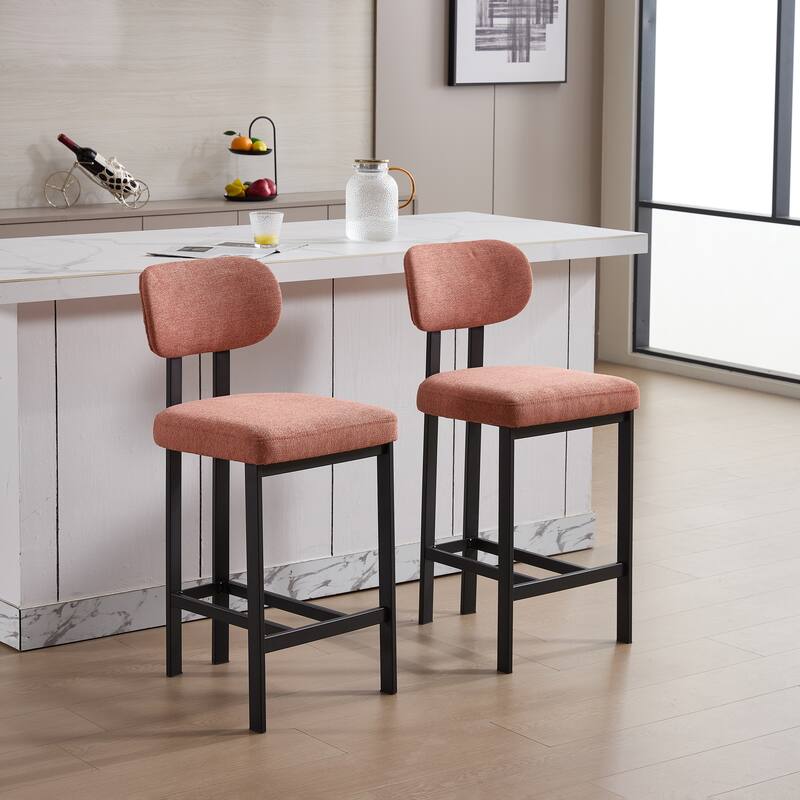 Bar Stools Set of 2, Fabric Upholstered Counter Height Bar Stools, Open Back Dining Chairs with Metal Legs & Footrest - Orange
