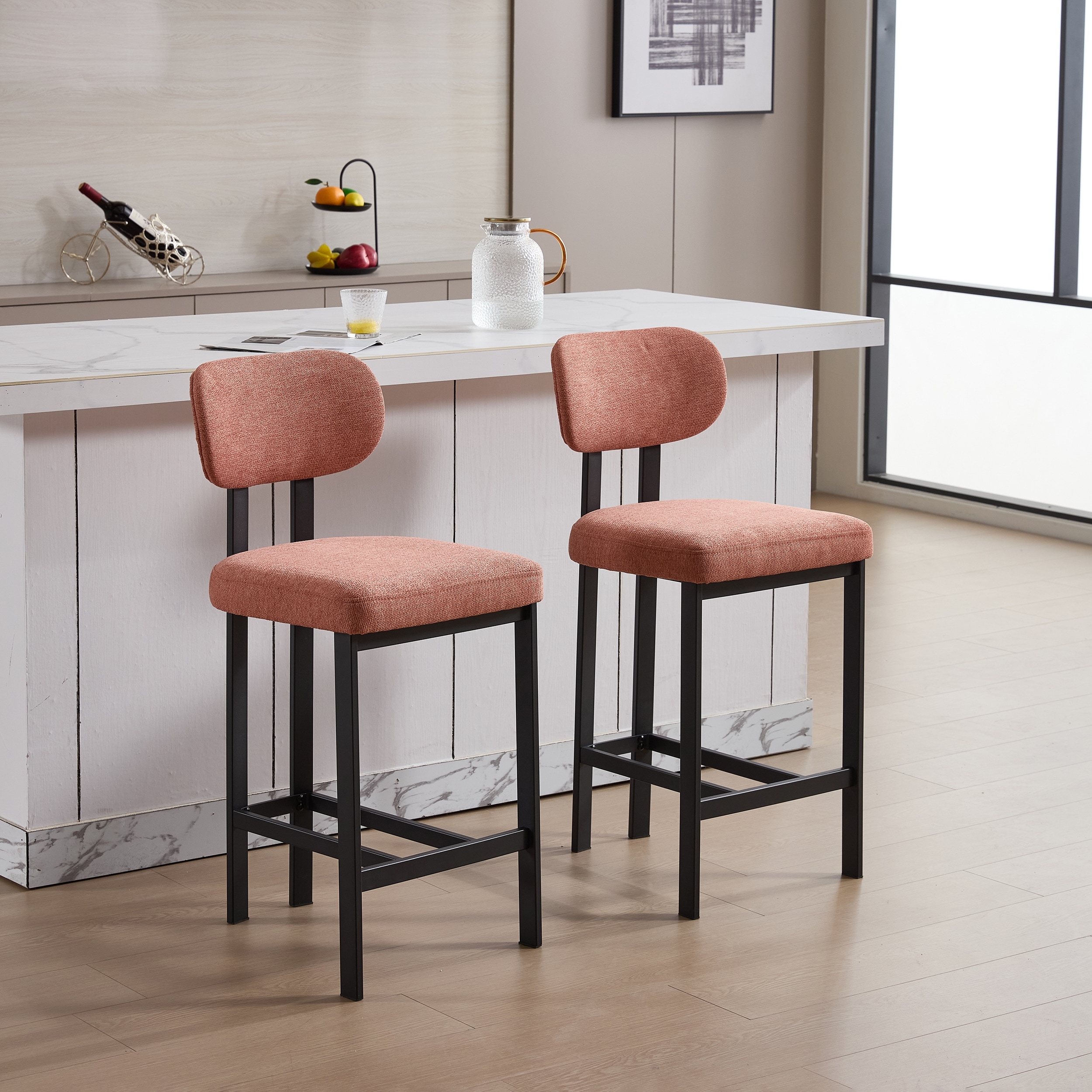 Bar Stools Set of 2, Fabric Upholstered Counter Height Bar Stools, Open Back Dining Chairs with Metal Legs & Footrest